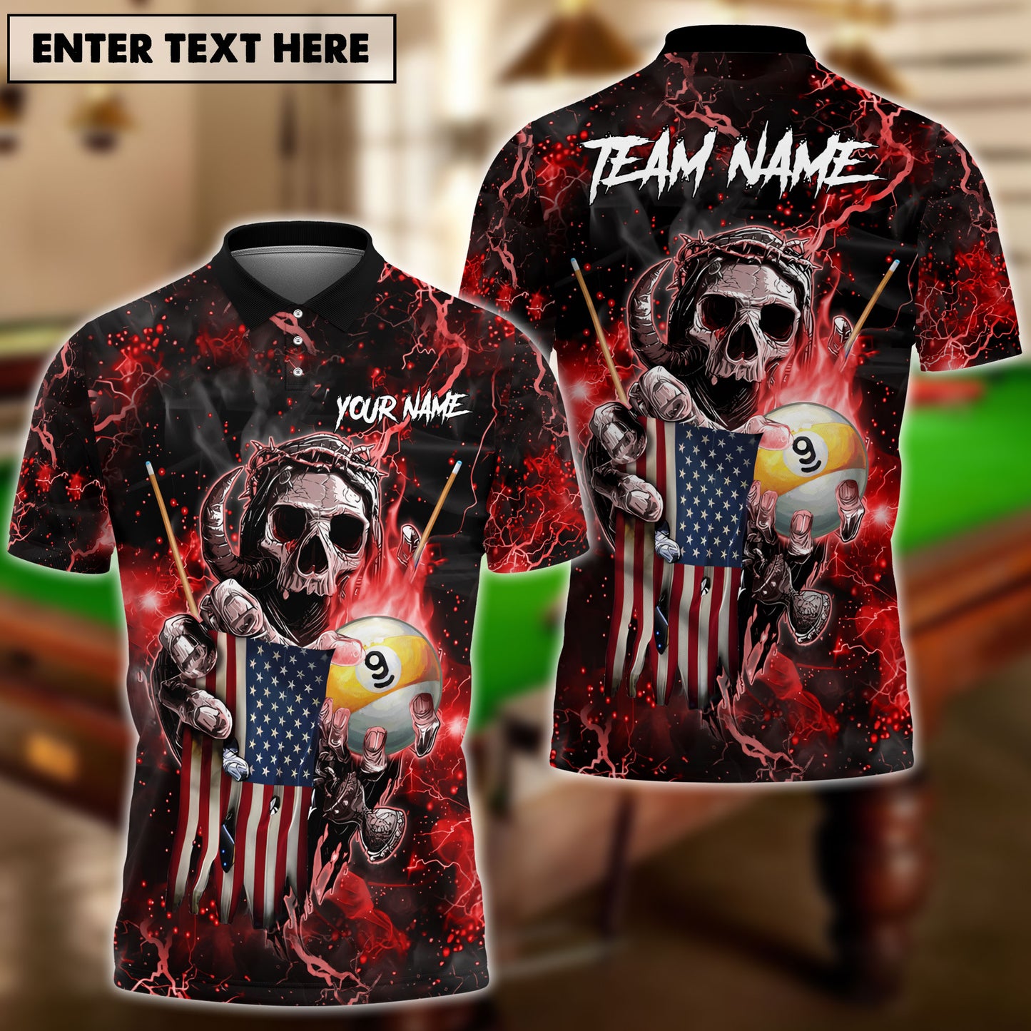 Frenzidea Billiards Ball 9 Fire Skull US Flag Personalized Name, Team Name Unisex Shirt ( 6 Colors )