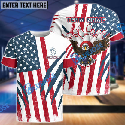 Frenzideas US Flag Eagle Bowling and Pins Customized Name, Team Name 3D Shirt