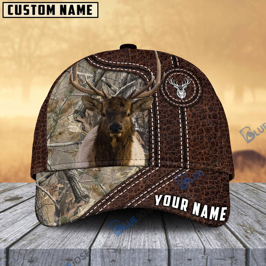 Frenzidea Elk Hunting Premium Leather Pattern Personalized Name Cap (4 Colors)
