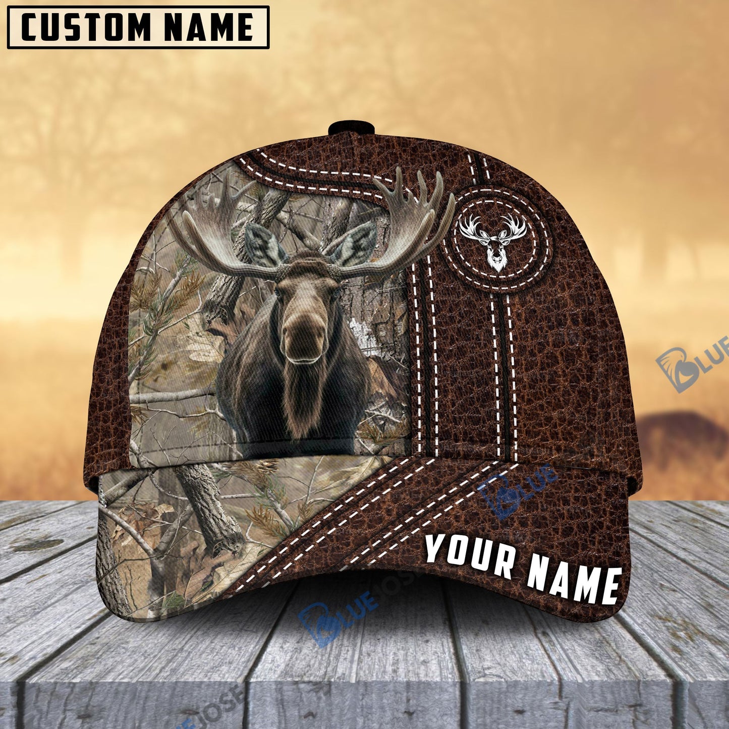 Frenzidea Moose Hunting Premium Leather Pattern Personalized Name Cap (4 Colors)