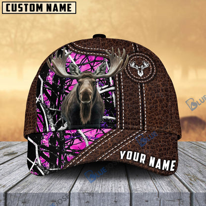 Frenzidea Moose Hunting Premium Leather Pattern Personalized Name Cap (4 Colors)
