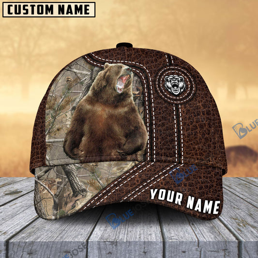 Frenzidea Bear Hunting Premium Leather Pattern Personalized Name Cap (4 Colors)