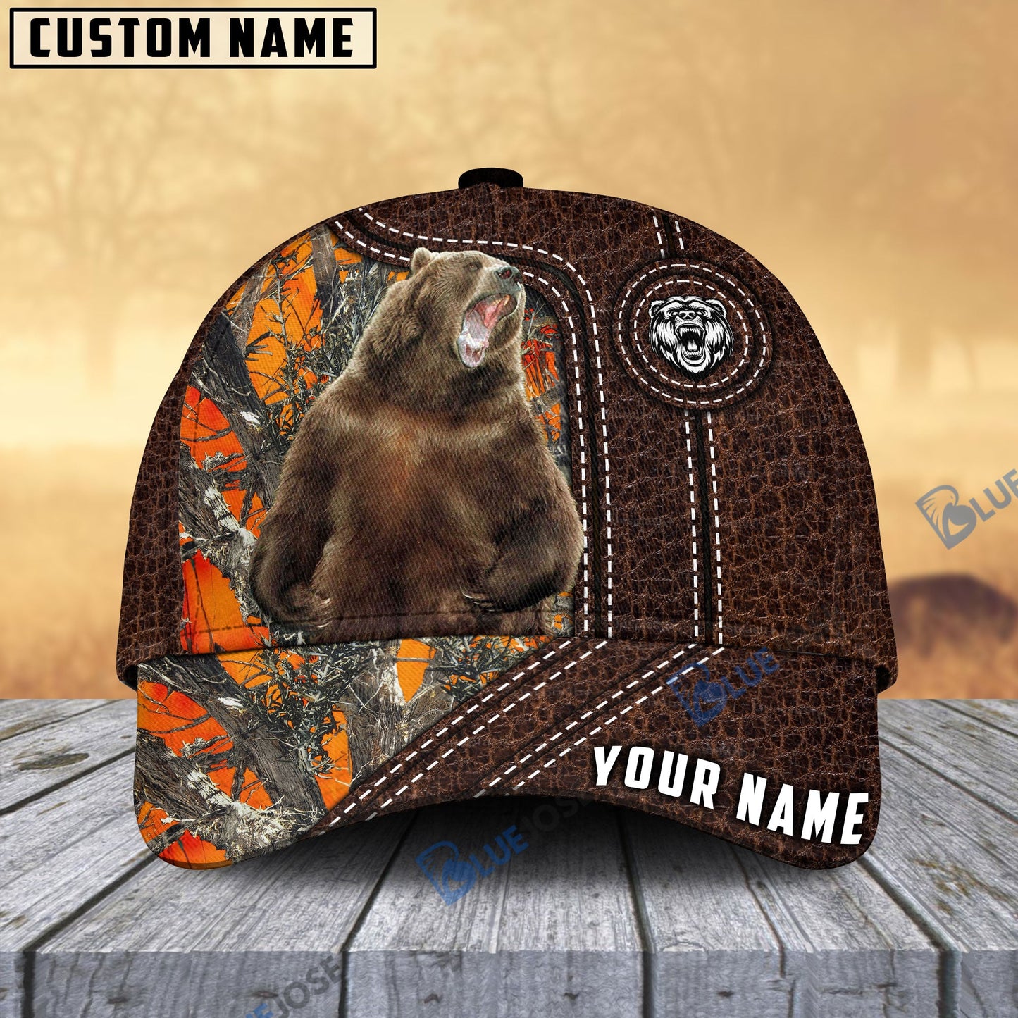 Frenzidea Bear Hunting Premium Leather Pattern Personalized Name Cap (4 Colors)