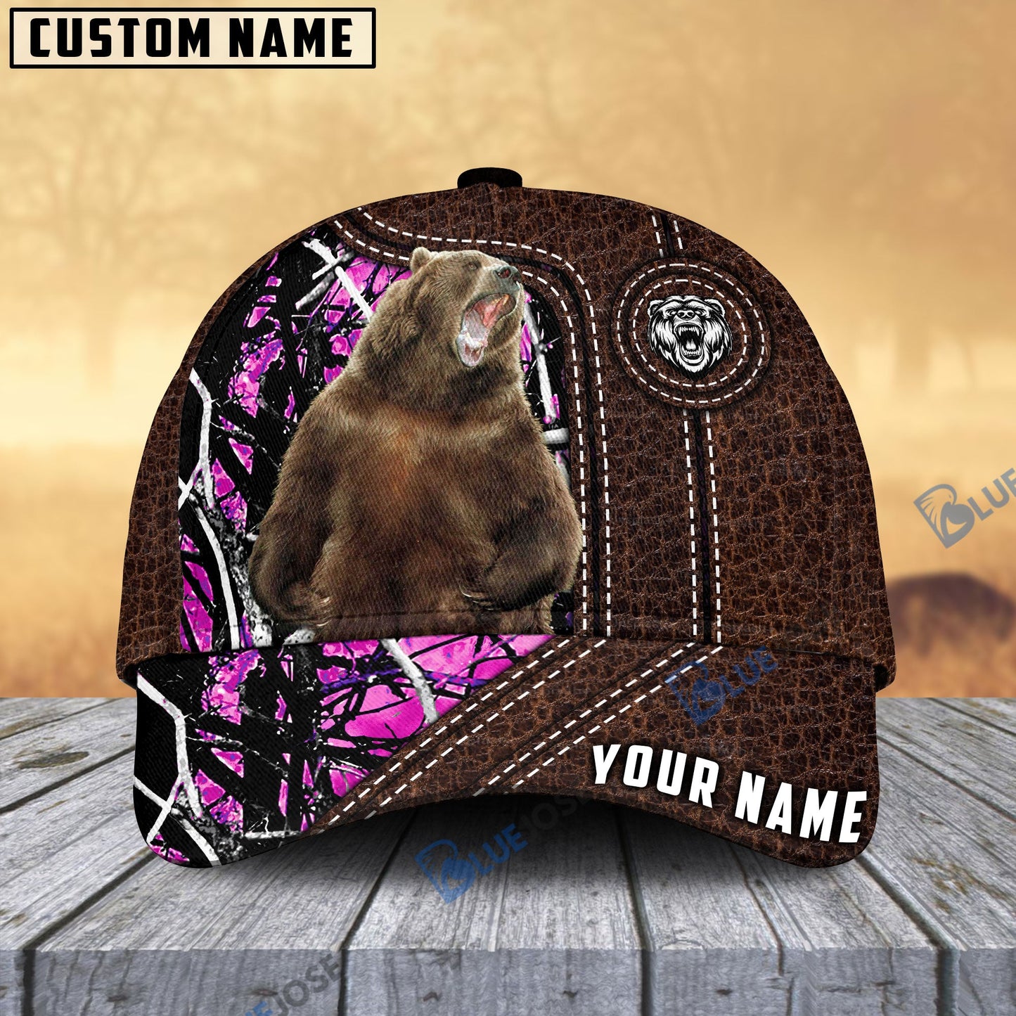 Frenzidea Bear Hunting Premium Leather Pattern Personalized Name Cap (4 Colors)