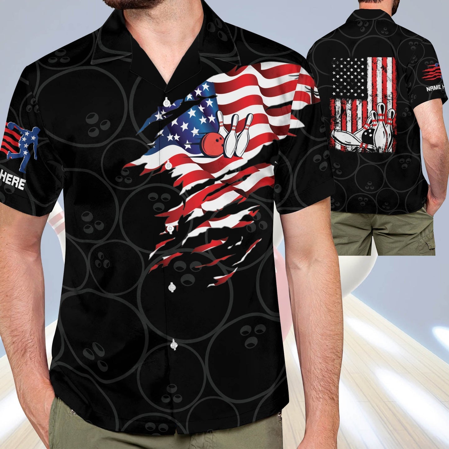 Frenzideas USA Flag Patriotic Button-Down Personalized Name Hawaiian Shirt