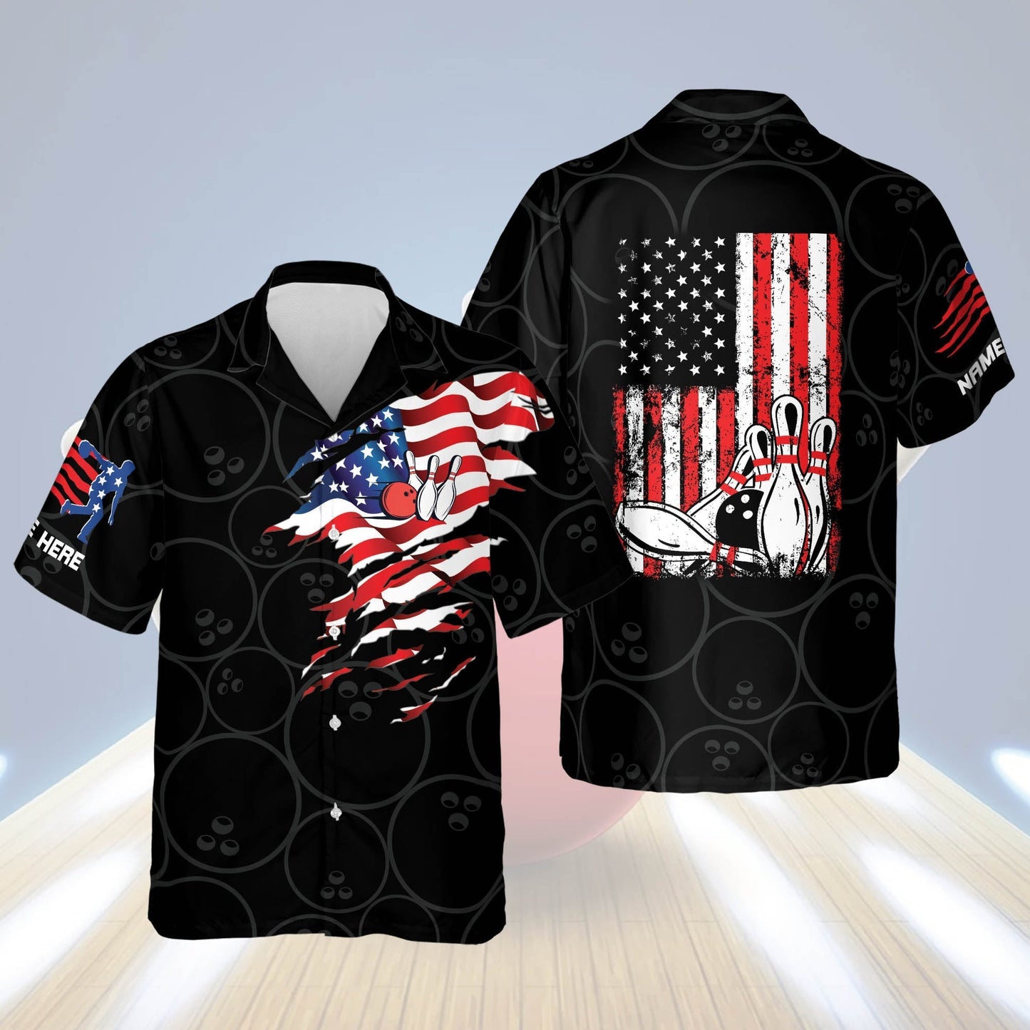Frenzideas USA Flag Patriotic Button-Down Personalized Name Hawaiian Shirt