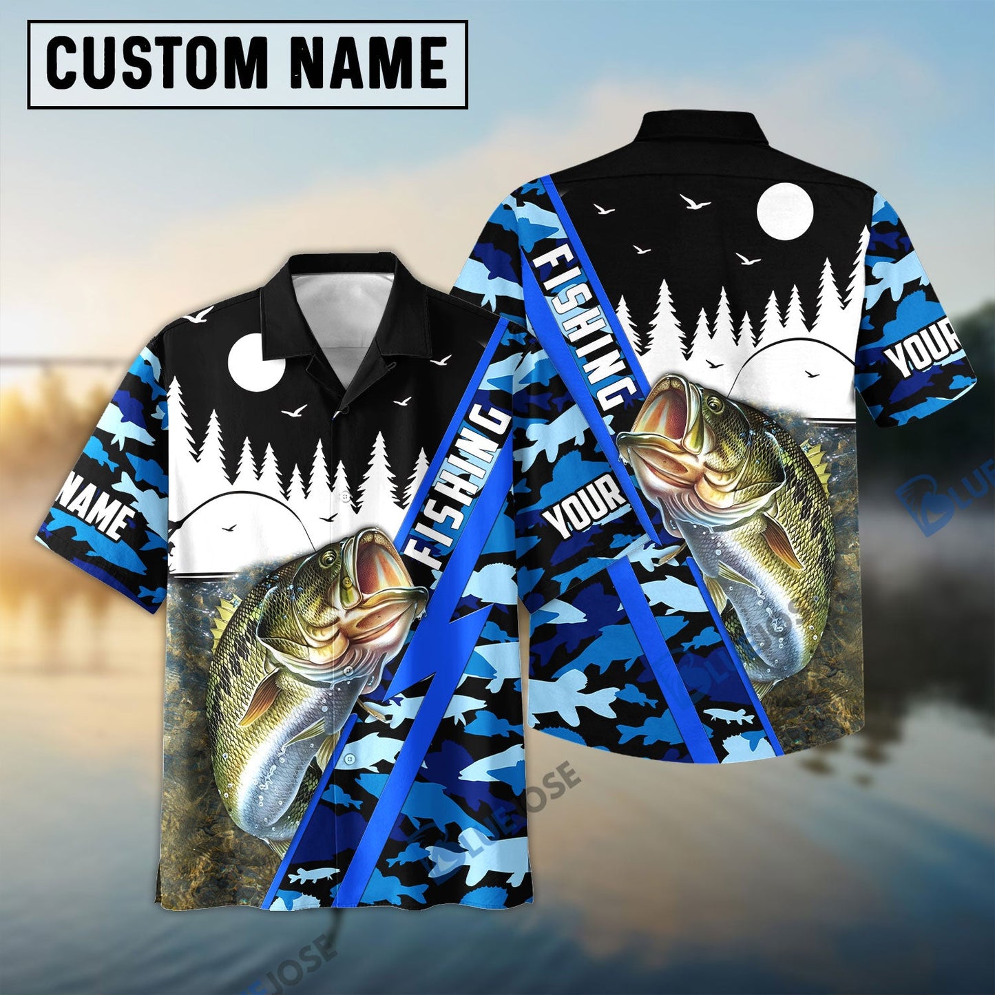Frenzidea Bass Personalized Fishing Blue Camo 3D Shirt