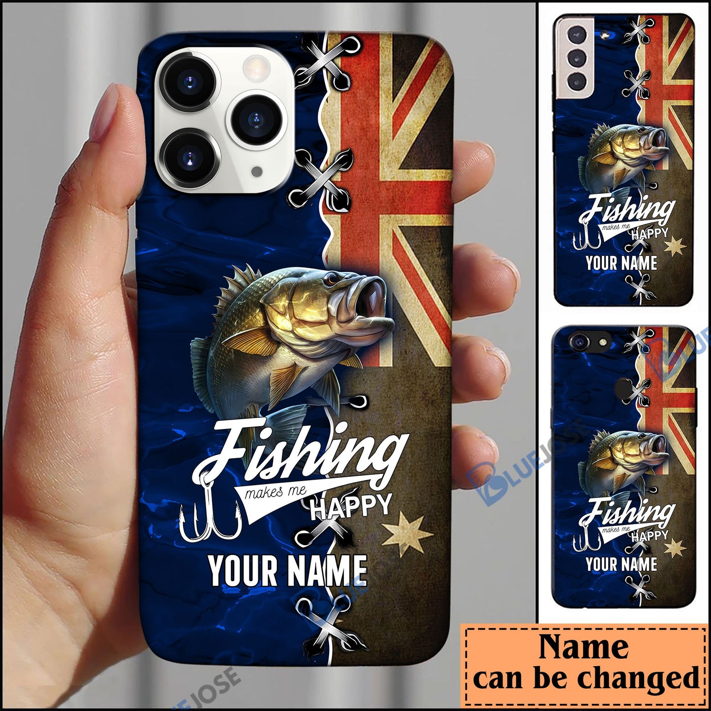 Frenzidea Bass Fishing Blue Flag Personalized Name Phone Case (USA, CA, AU)