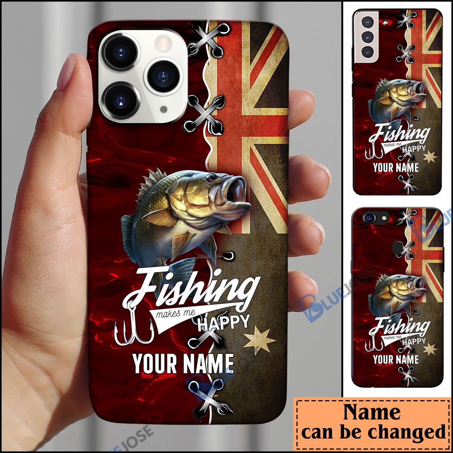 Frenzidea Bass Fishing Red Flag Personalized Name Phone Case (USA, CA, AU)