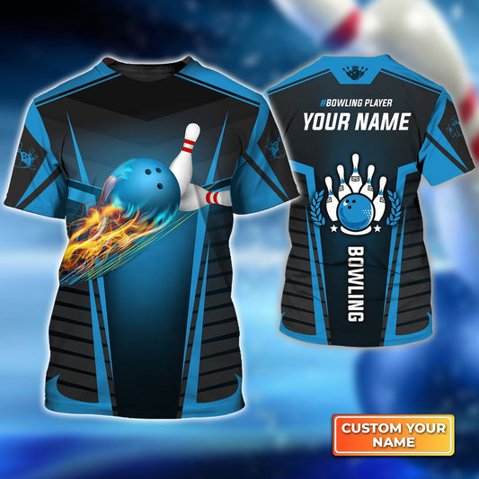 Frenzideas The Blue Bowling Ball in Flames Breaks White Skittles Personalized Name 3D Shirt