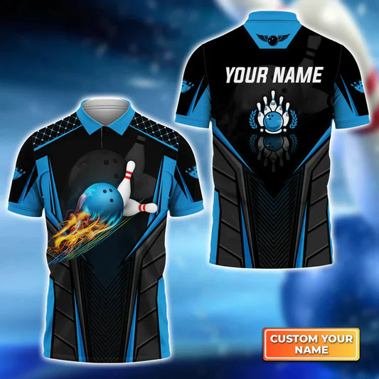 Frenzideas The Blue Bowling Ballin Flames Breaks White Skittles 2 Personalized Name 3D Shirt