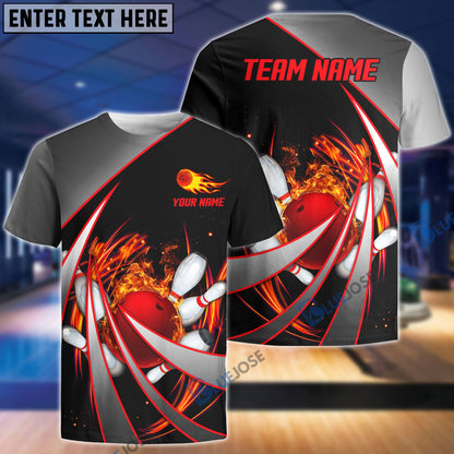 Frenzideas Flame Bowling And Pins Tornado Pattern Multicolor Customized Name 3D Shirt