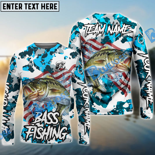 Frenzidea Bass Fishing American Flag Light Blue Camo Custom Name & Team Name 3D Shirts