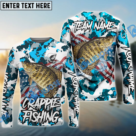 Frenzidea Crappie Fishing American Flag Light Blue Camo Custom Name & Team Name 3D Shirts