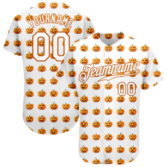 Frenzidea Custom White White-Texas Orange 3D Pattern Design Halloween Pumpkins Funny Faces Baseball Jersey