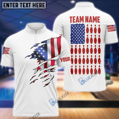 frenzideas White American Flag Bowling Pins Customized Name, Team Name 3D Shirt