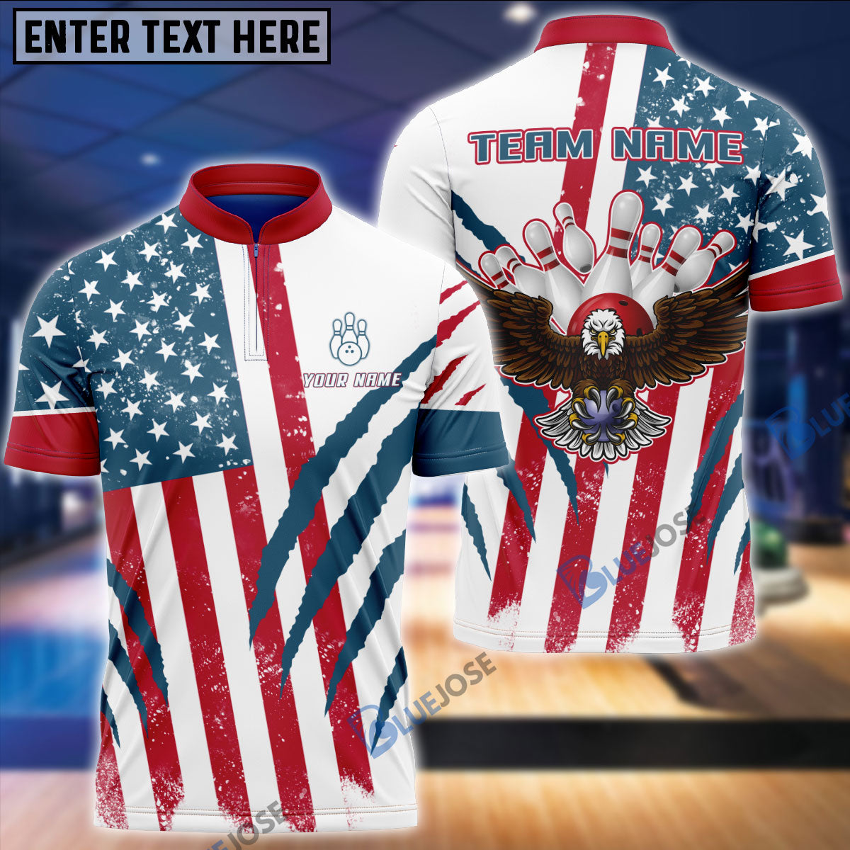 Frenzideas US Flag Eagle Bowling and Pins Customized Name, Team Name 3D Shirt