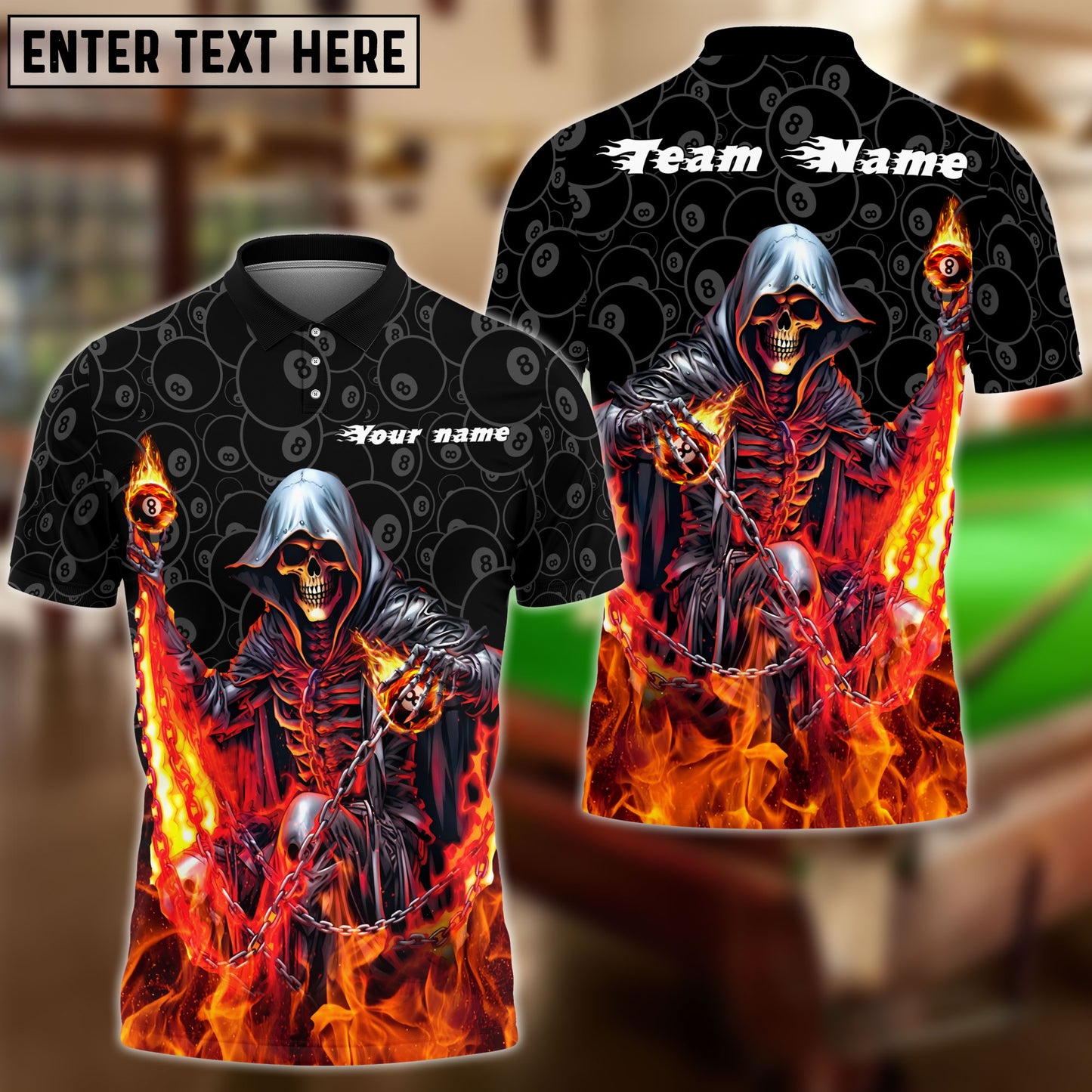 Frenzidea Billiards 8 Ball Chain Reaper Personalized Name, Team Name Unisex Shirt ( 4 Colors )