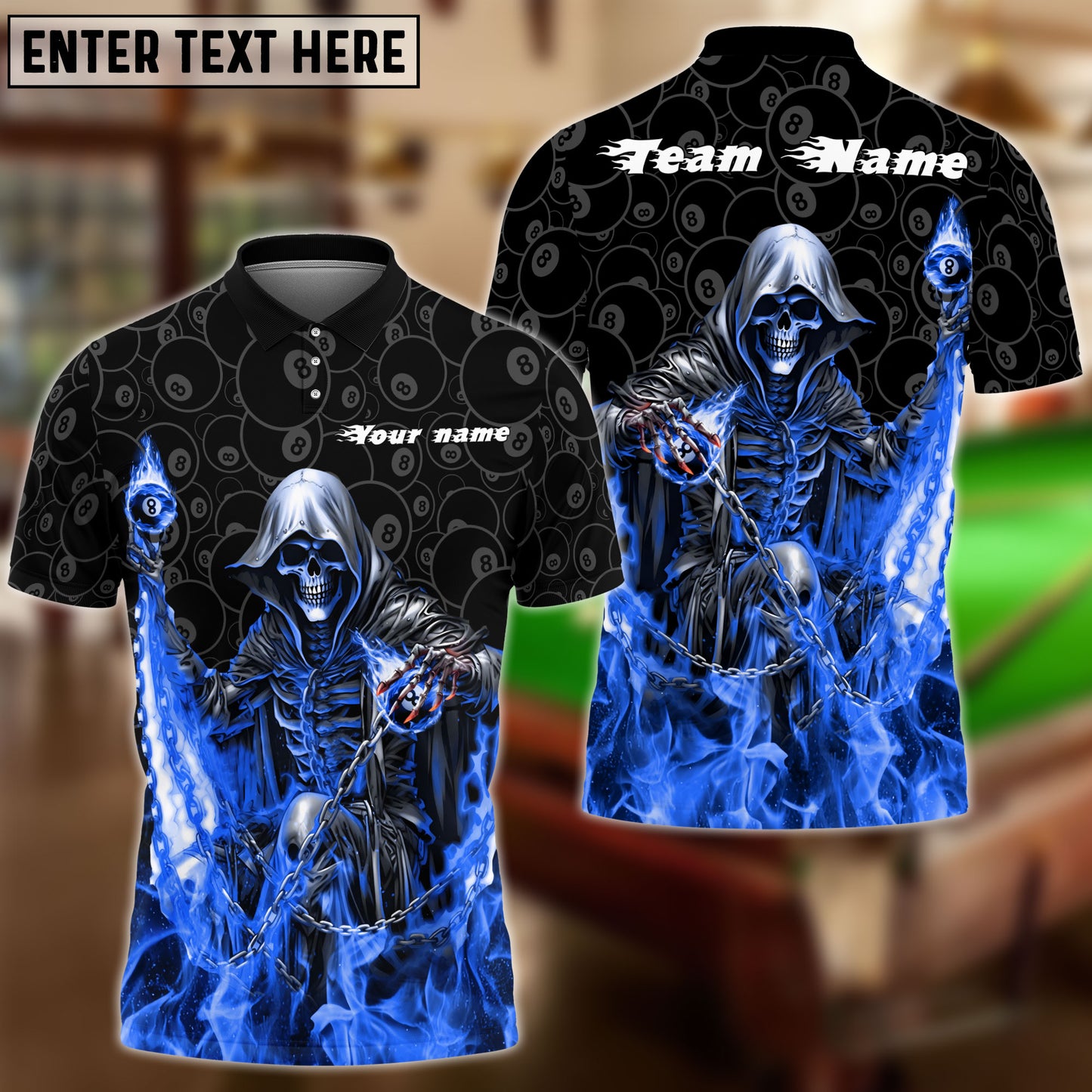 Frenzidea Billiards 8 Ball Chain Reaper Personalized Name, Team Name Unisex Shirt ( 4 Colors )