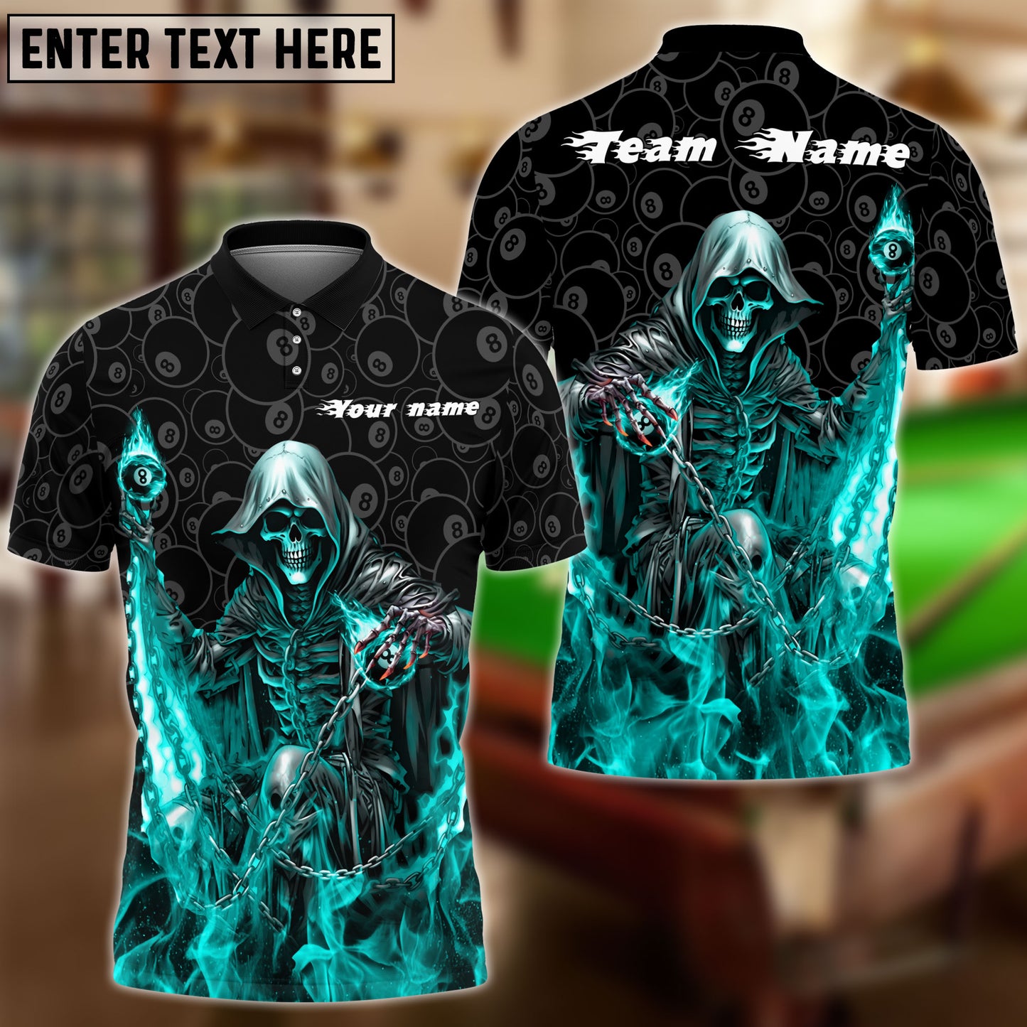 Frenzidea Billiards 8 Ball Chain Reaper Personalized Name, Team Name Unisex Shirt ( 4 Colors )