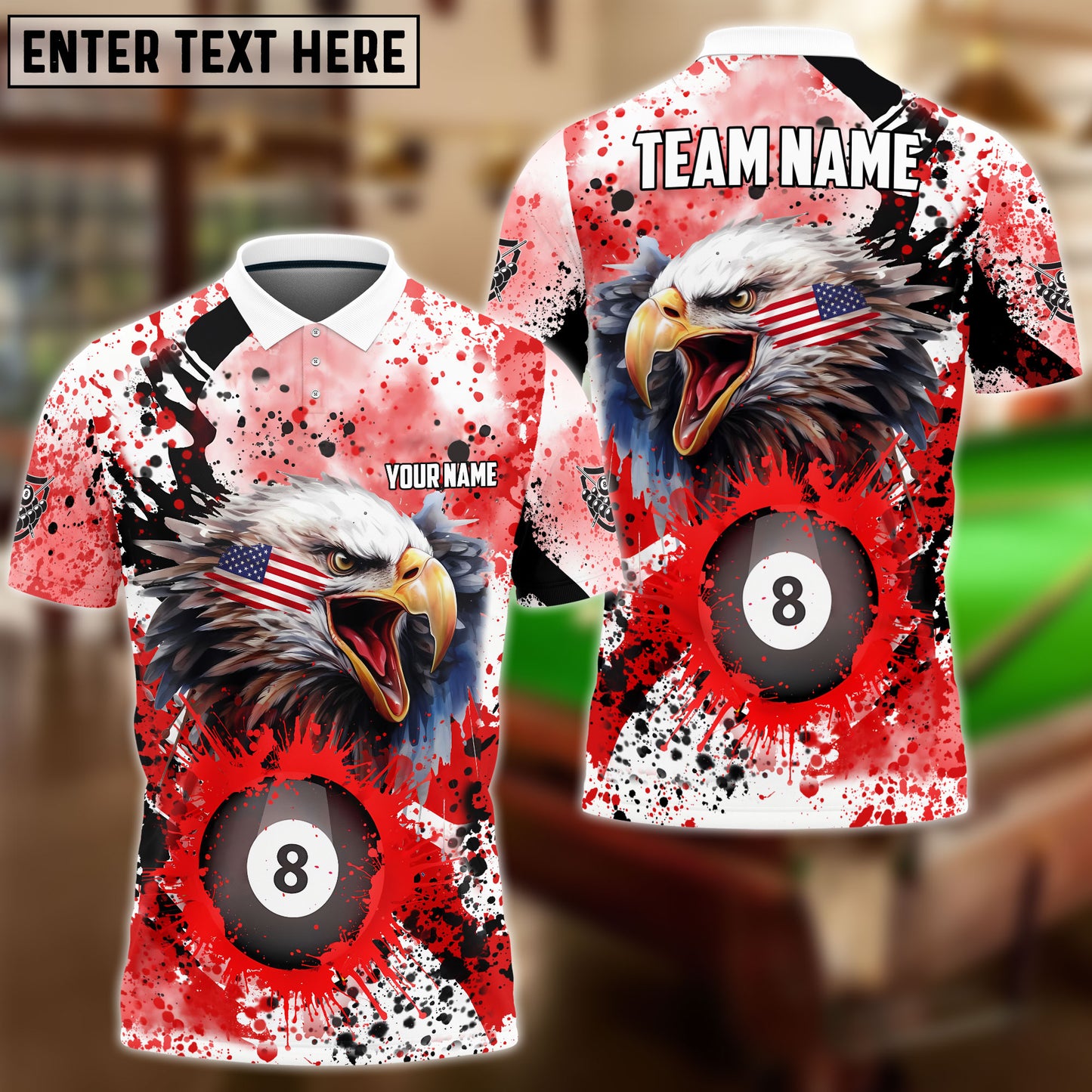 Frenzidea Billiards 8 Ball Eagle American Flag Paint Pattern Personalized Name, Team Name Unisex Shirt ( 4 Colors )