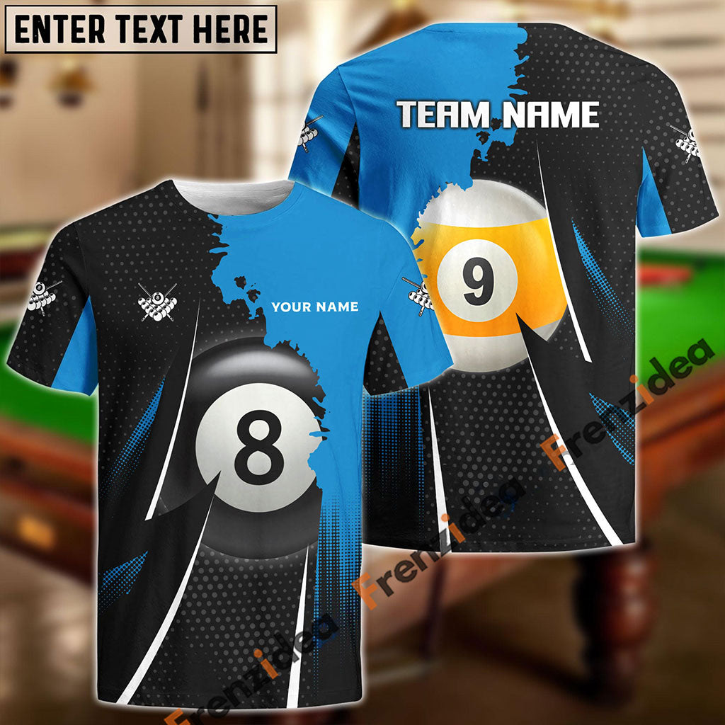 Frenzidea 8Ball & 9Ball Billiards Blue Personalized Name, Team Name Unisex Shirt