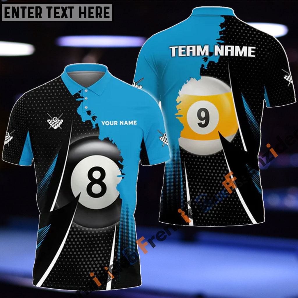 Frenzidea 8Ball & 9Ball Billiards Blue Personalized Name, Team Name Unisex Shirt