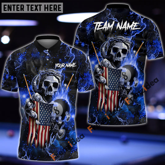 Frenzidea Billiards Ball 8 Fire Skull US Flag Personalized Name, Team Name Unisex Shirt ( 6 Colors )