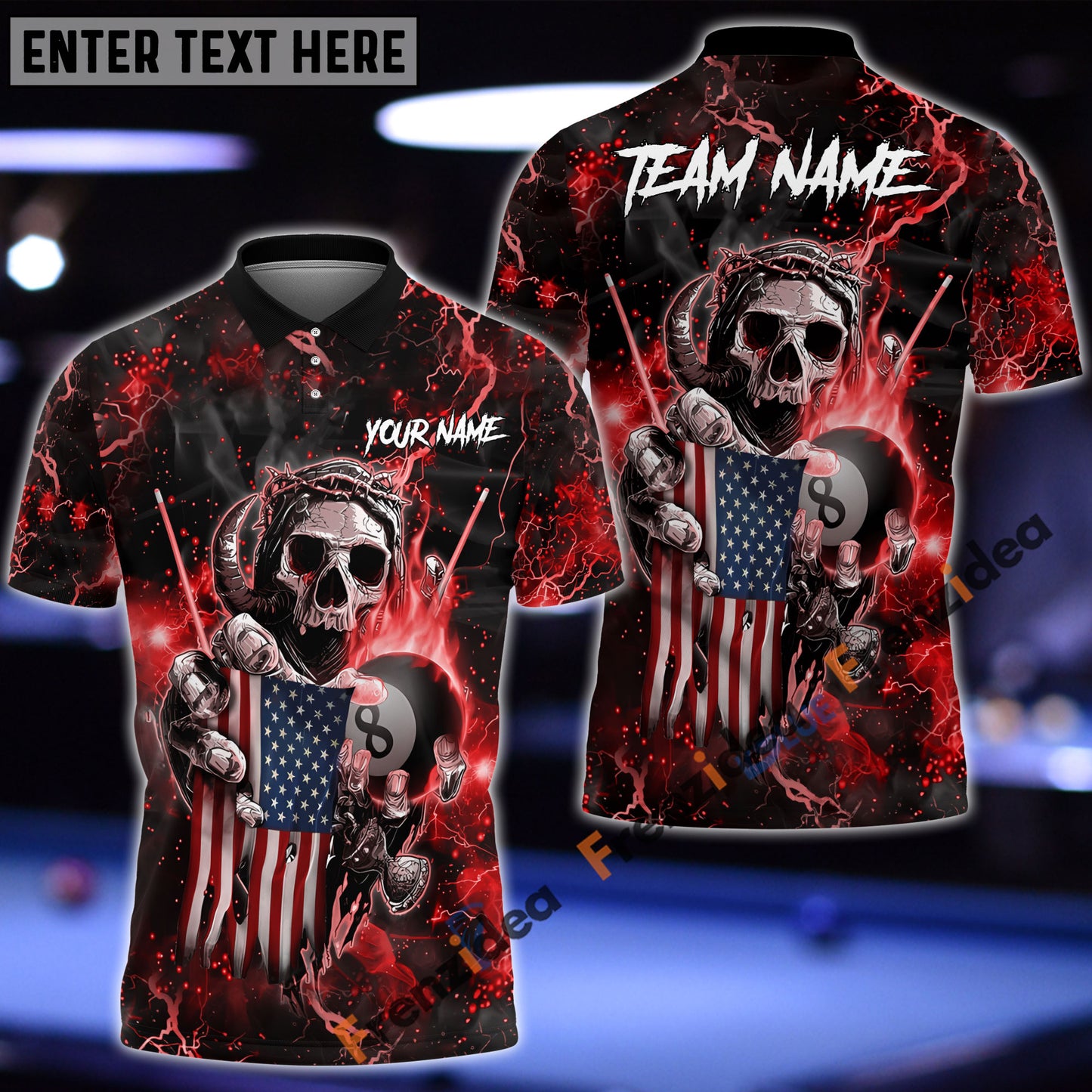 Frenzidea Billiards Ball 8 Fire Skull US Flag Personalized Name, Team Name Unisex Shirt ( 6 Colors )