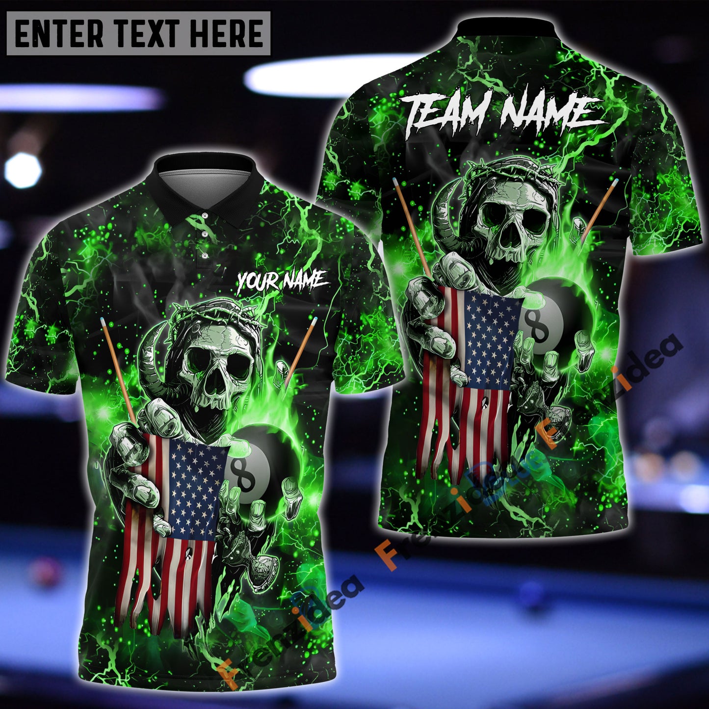 Frenzidea Billiards Ball 8 Fire Skull US Flag Personalized Name, Team Name Unisex Shirt ( 6 Colors )