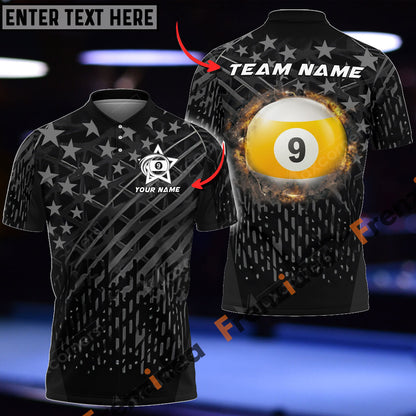 Frenzidea Billiards Ball 8 And 9 Fire Black US Flag Personalized Name, Team Name Unisex Shirt ( 2 Colors )