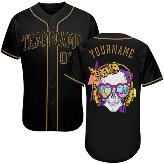 Frenzidea Custom Black Black-Old Gold Skull Fashion Baseball Jersey