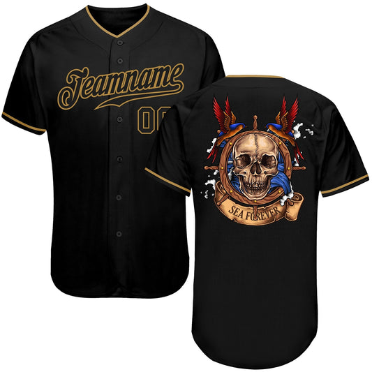 Frenzidea Custom Black Black-Old Gold Skull Fashion Baseball Jersey