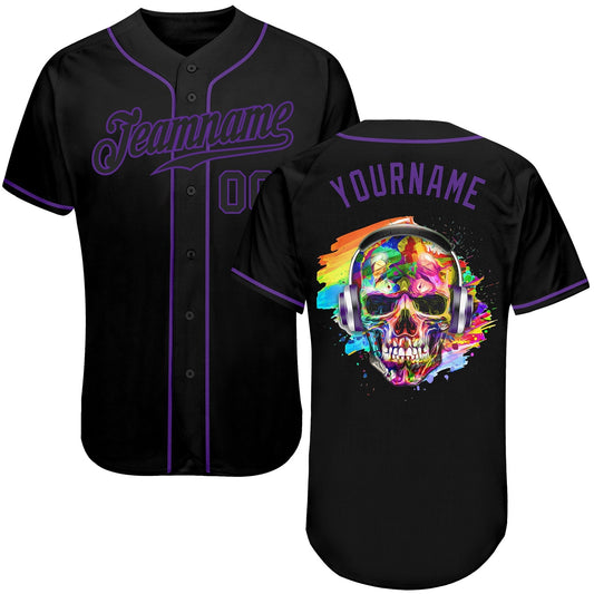 Frenzidea Custom Black Black-Purple Authentic Skull Fashion Baseball Jersey