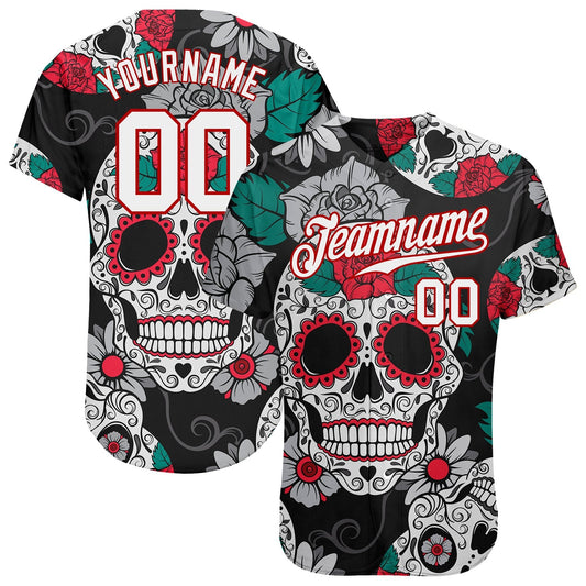 Frenzidea Custom Black White-Red 3D Skull Fashion Baseball Jersey