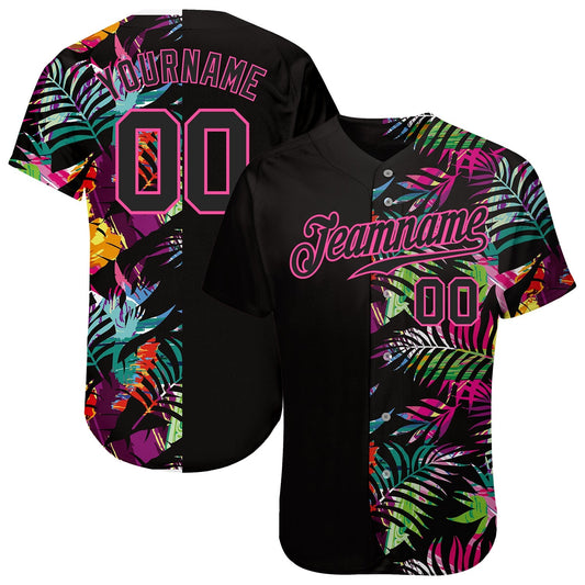 Frenzidea Custom Black Black-Pink 3D Pattern Design Tropical Palm Leaves Authentic Baseball Jersey