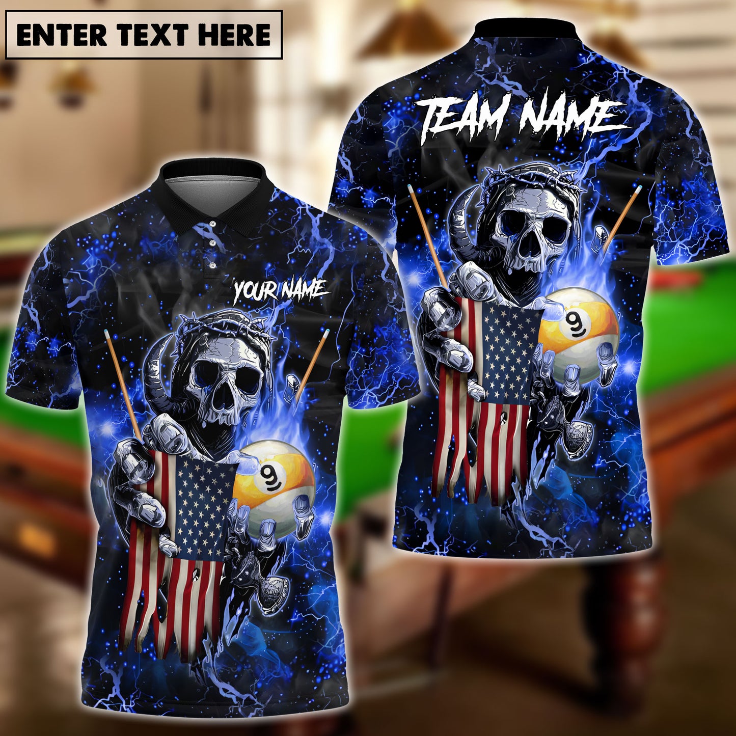 Frenzidea Billiards Ball 9 Fire Skull US Flag Personalized Name, Team Name Unisex Shirt ( 6 Colors )