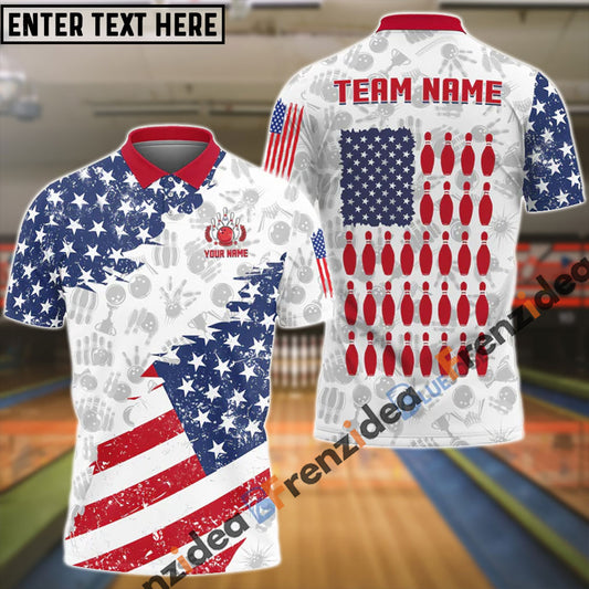 frenzideas Bowling And Pins US Flag Bowling Pattern Customized Name, Team Name 3D Shirt (Black & White)
