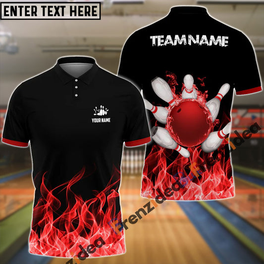 Frenzideas Bowling And Pins Ink Fire Pattern Customized Name 3D Shirt (4 Colors)