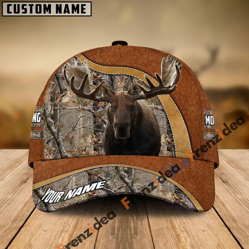 Frenzidea Moose Hunting Light Brown Leather Pattern Personalized Name Cap