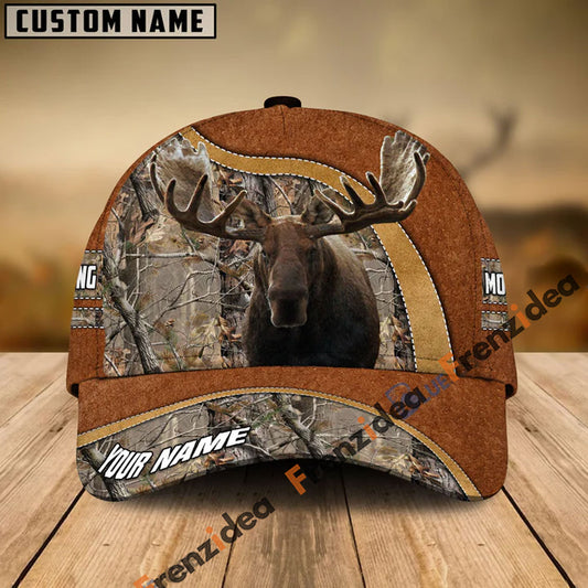 Frenzidea Moose Hunting Light Brown Leather Pattern Personalized Name Cap