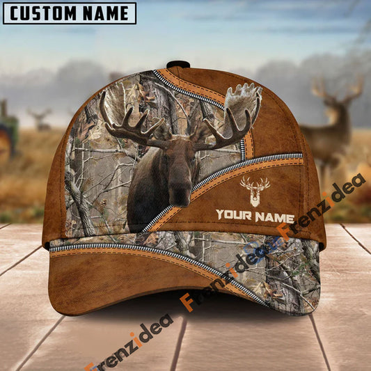 Frenzidea Moose Hunting Premium Brown Leather Pattern Personalized Name Cap