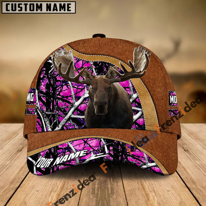 Frenzidea Moose Hunting Light Brown Leather Pattern Personalized Name Cap