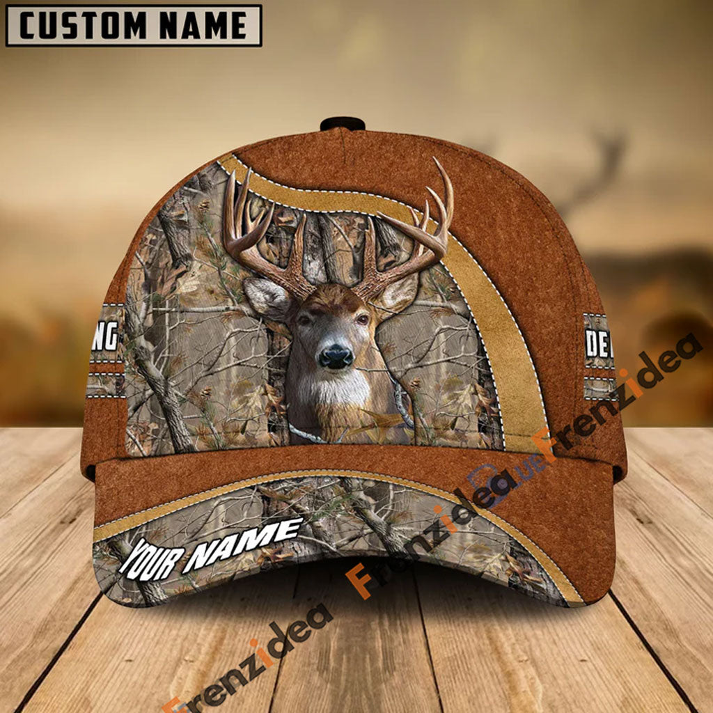 Frenzidea Deer Hunting Light Brown Leather Pattern Personalized Name Cap