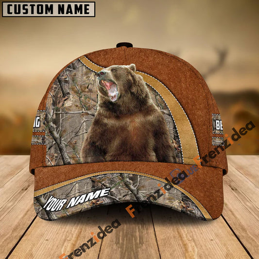 Frenzidea Bear Hunting Light Brown Leather Pattern Personalized Name Cap