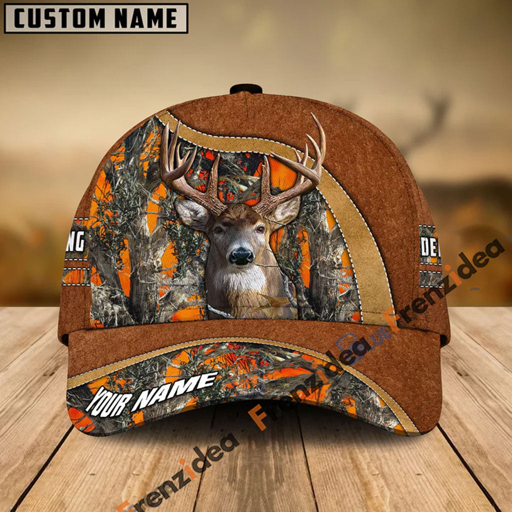 Frenzidea Deer Hunting Light Brown Leather Pattern Personalized Name Cap