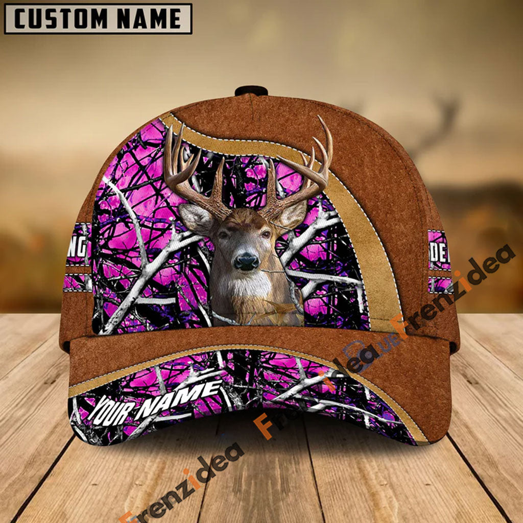 Frenzidea Deer Hunting Light Brown Leather Pattern Personalized Name Cap