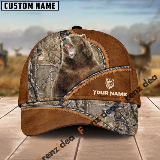 Frenzidea Bear Hunting Premium Brown Leather Pattern Personalized Name Cap