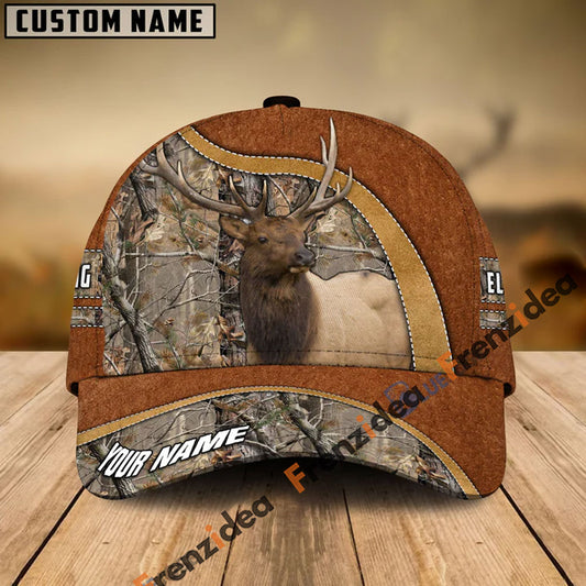 Frenzidea Elk Hunting Light Brown Leather Pattern Personalized Name Cap