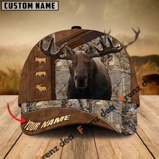 Frenzidea Moose Hunting Premium Brown Pattern Personalized Name Cap